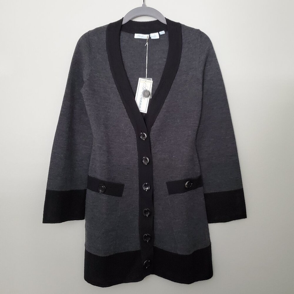 NEW Shoshanna Dark Grey Cardigan Black Contrast Trim Button Front Sweater P